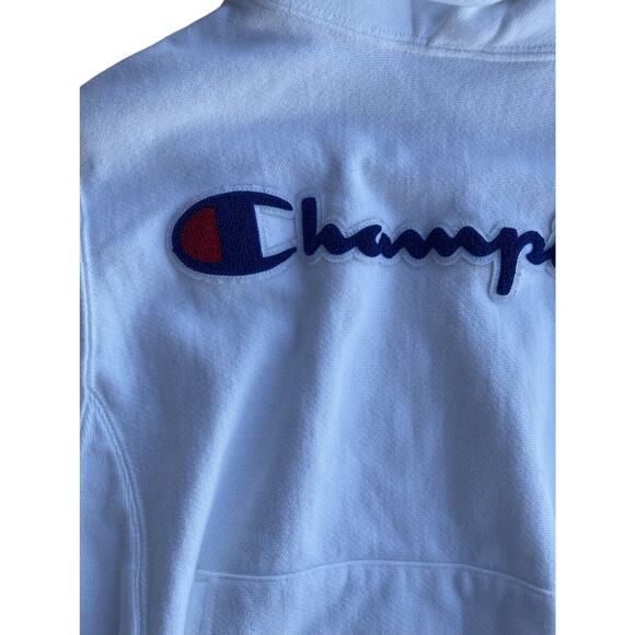 Champion Reverse Weave Men Chenille Patch Applique White‎ Hoodie Sz S - Picture 2 of 5